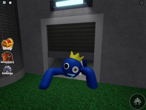 Screenshot from Rainbow Friends Chapter 1 cutscene of the monster Blue getting caught by the vent door.