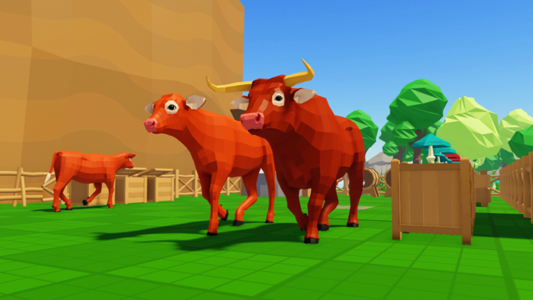 Cattle in a field in the Roblox game Farmstead.