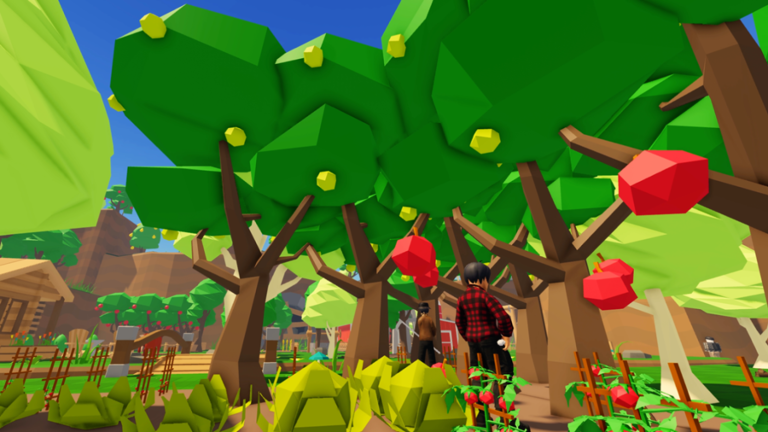 A virtual forest in the Roblox game Farmstead.
