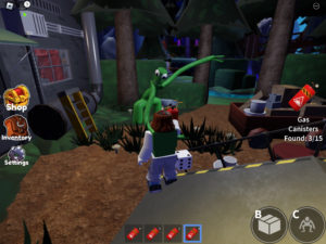 Screenshot of gameplay from Rainbow Friends Chapter 2 with Green blocking the way during hour 2 while collecting gas canisters.