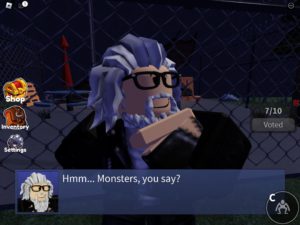 A screenshot of the suspicious old man from Rainbow Friends Chapter 2 with caption saying "Hmmm...Monsters you say?"