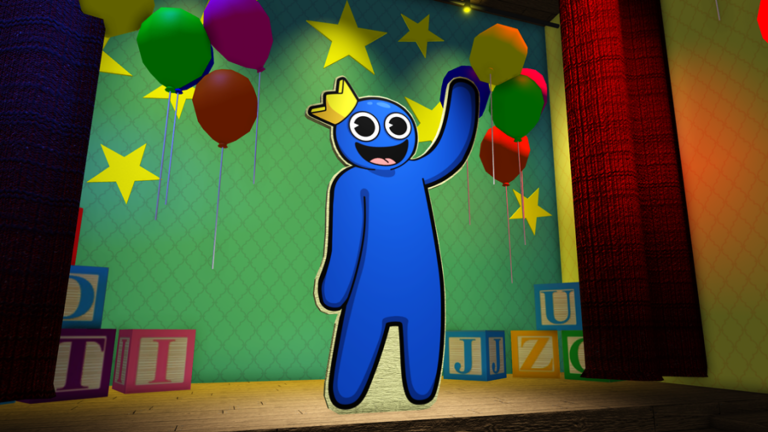A screenshot of a friendly looking Blue on the party stage from Rainbow Friends Chapter 1. You can find him looking more monstrous (and moving much faster) in Rainbow Friends Chapter 2.