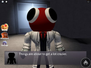 Screenshot of the monster Red from Rainbow Friends Chapter 1 with caption saying "Things are about to get a lot crazier".