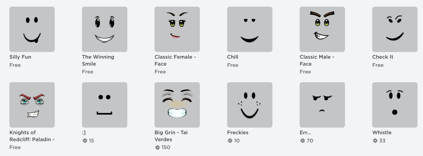 A few facial expressions available for a Roblox avatar.