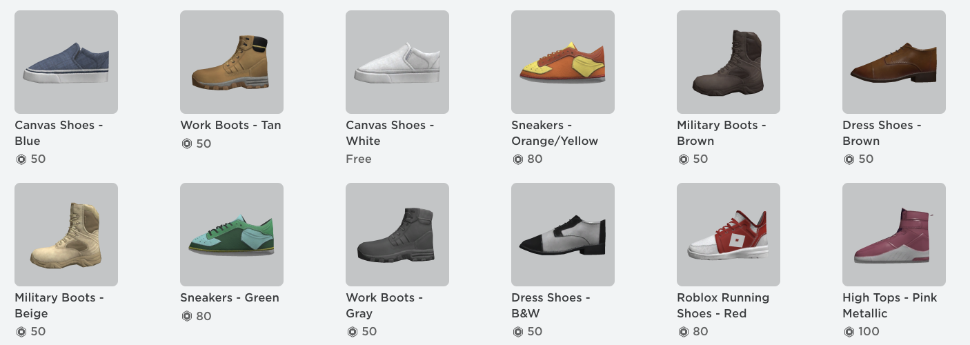 Image of a few shoe options for Roblox avatars.