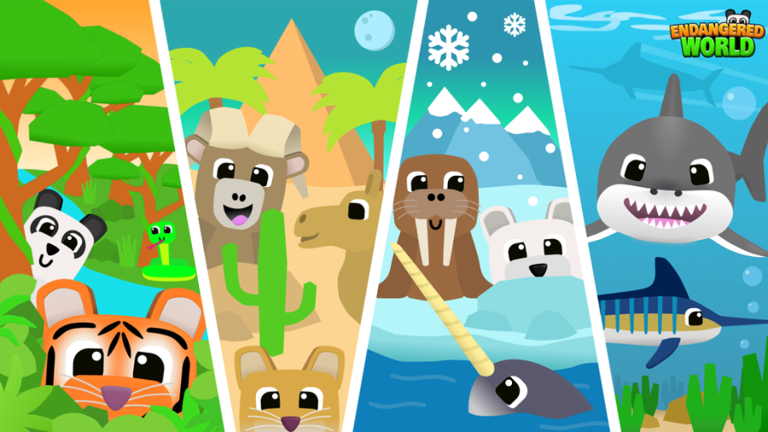 Game images from the Roblox game Endangered World, including a cute, animated tiger, walrus, shark, polar bear, narwhal, and more.