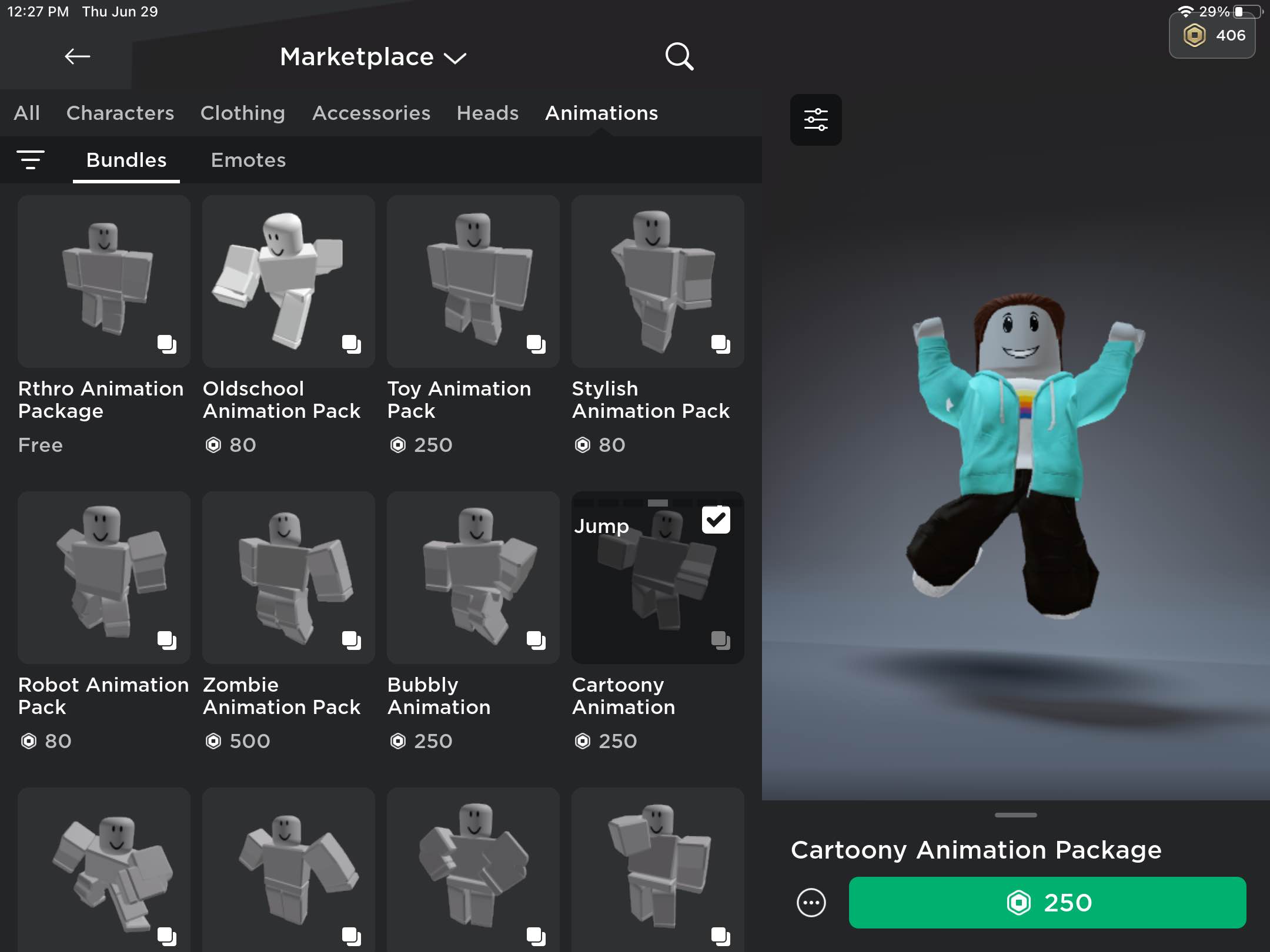 Image of the Roblox marketplace where gamers can buy animations for their avatars.