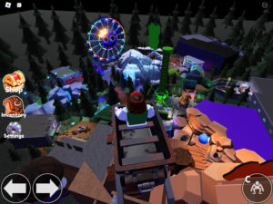 A screenshot from Rainbow Friends Chapter 2 from the top of the cart ride, looking down at the amusement park map