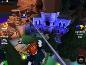 A screenshot from Rainbow Friends Chapter 2 of a player zooming down the zip line looking at the map below.
