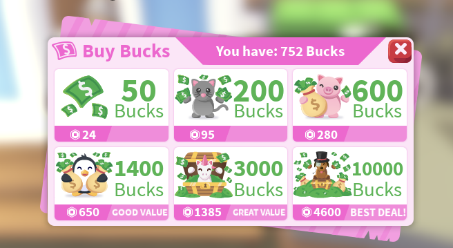 Image from Roblox game Adopt me that shows the offers to spend Robux to get in game currency.