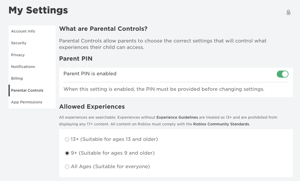 Image of the Parental Control settings in Roblox.