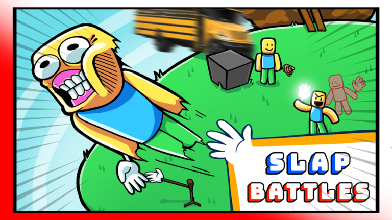 An animated image of the game Slap Battles featuring a yellow noob character flying through the air.