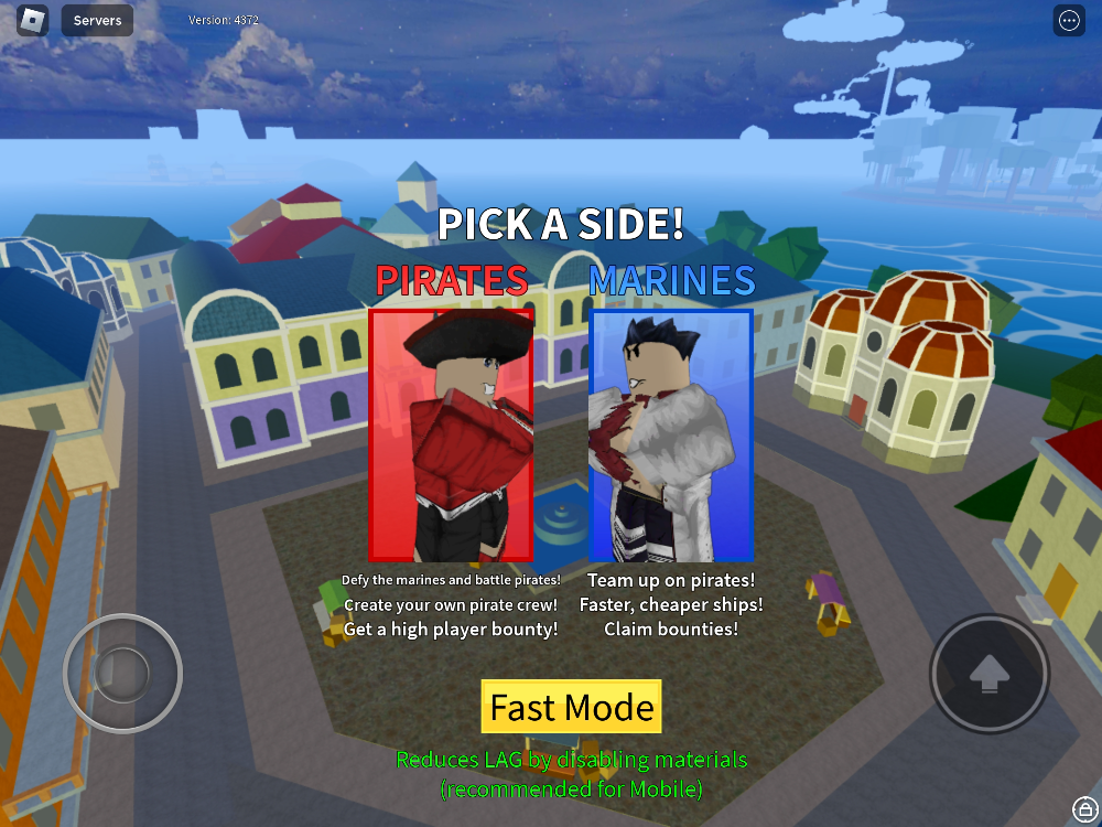 Image of choosing a side - pirate or marine in Roblox game Blox Fruits