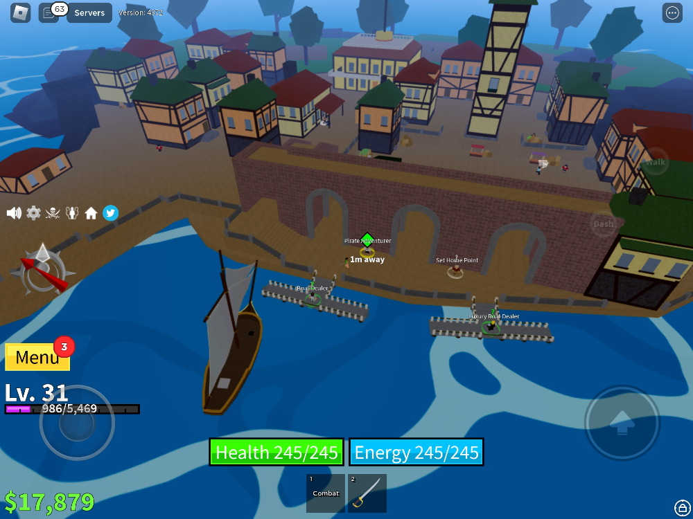 Image of a pirate village in the Roblox game Blox Fruits.