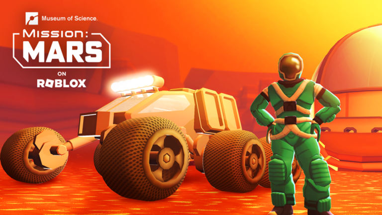 Image from educational Roblox game mission mars of an animated player in green space suit standing in front of a Mars rover