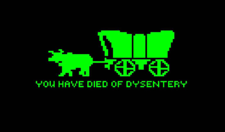 Image from Oregon Trail video game of a ox pulled wagon and the mssage. You have died of dysentery.