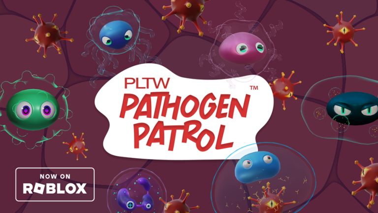 Image from Roblox game pathogen patrol, an educational Roblox game, of different colored animated cells on maroon background